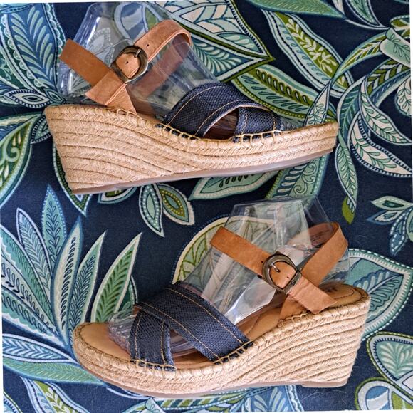 Born Payette Espadrille Wedge Heel Sandal Sz 8 Navy Brown Preppy Beachy Boho - Picture 2 of 10